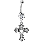 Clear Cubic Zirconia Heart Gothic Cross Belly Ring