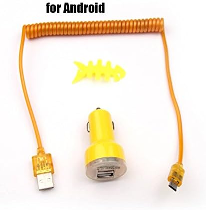 Cellphone Cable Kit: LED 1M/3Feet Elastic Spring Coiled Light Up Fast A Male to Micro-USB Sync USB Charger for Samsung,HTC + Dual USB Port Car Charger + Silicone Fish Bone Earphone Cable Cord Winder Wrap