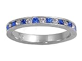 Rhodium Plated Sterling Silver 3mm Blue Sapphire & Cz Ring (Size 4 - 12)