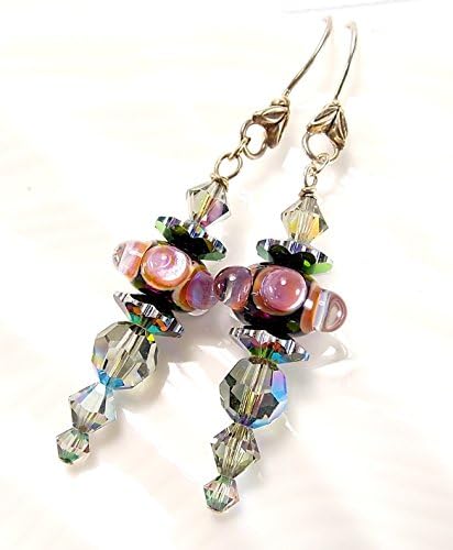 Earrings Drop Lavender and Green Long Artisan Glass Lampwork Beads
