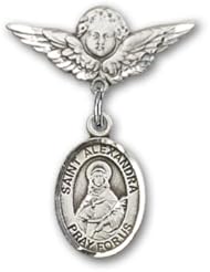 Sterling Silver Baby Badge with St. Alexandra Charm and Angel with Wings Badge Pin