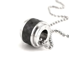 Stainless Steel Black Checker Design Barrel "Amour" Love Pendant Necklace