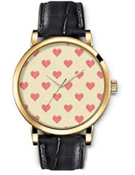 SPRAWL Aanalog Fashion Series Gold Ladies Watches of Genuine Black Leather Strap,Unique Wrist Watch for Women Girls Designed with red hearts