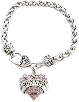 Runner Pink Crystals Heart Silver Lobster Claw Bracelet
