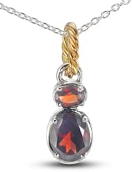 Yellow Gold Plated And Rhodium Plated Silver Rope Pendant With Two Prong Set Oval Cut Natural Garnet Stones