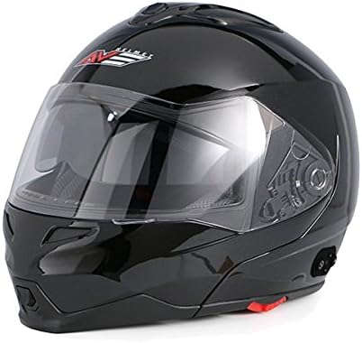 AVE A-20 Atom Modular Flip-Up Motorcycle Helmet with Integrated Bluetooth and Drop Down Sun Visor (Black, Large)