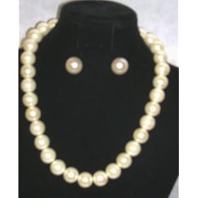 One Strand Faux Ivory Pearls Short Chain on Antique Gold Necklace Earrings for Women and Teens