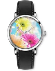 SPRAWL Aanalog Fashion Series Silver Ladies Watches of Genuine Black Leather Strap,Unique Wrist Watch for Women Girls Designed with Colorful daisies
