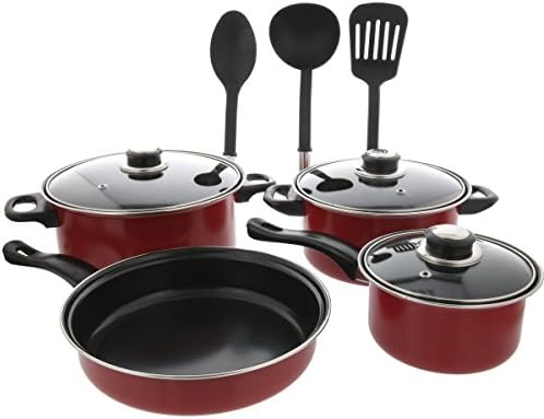 Le Juvo Non Stick Cookware with Lids and Nylon Utensil Set - 10-Piece Set - Red