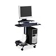Mayline Group Products - Computer Workstation, Mobile, 28-1/2"x26"x29-1/2", Charcoal BK - Sold as 1 EA - Mobile PC Station is designed for flat panel monitors. Wide work surface accommodates keyboard and mouse. Lower platforms hold printer and CPU. Computer work station has slots for three CDs, four locking casters and a metallic gray powder-coated tubular steel frame.