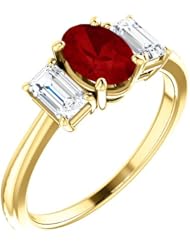 18K Yellow Gold 7.00x5.00mm Oval Cut Ruby and Diamond Three-Stone Ring -- LIFETIME WARRANTY
