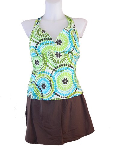 Cover image : Womens Plus Size Tankini Skirtini Swimsuit, St Tropez, Two Piece, Brown/green Print