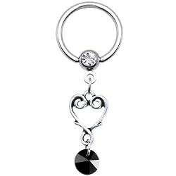 14 Gauge Black Crystal Scroll Heart Dangle Captive Ring