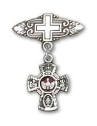 Sterling Silver Baby Badge with Red 5-Way Charm and Badge Pin with Cross