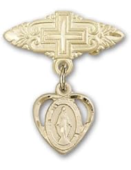14kt Gold Baby Badge with Miraculous Charm and Badge Pin with Cross