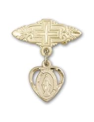 Gold Filled Baby Badge with Miraculous Charm and Badge Pin with Cross