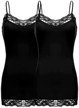 2 Pack Women's Basic Casual Cotton Lace Trim Spaghetti Strap Cami Tank Top (Small, Black / Black)