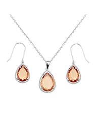 .925 Sterling Silver Rhodium Coated Chamagne Framed Teardrop Earring and Pendant-Necklace Set with Rolo Chain - 16"+1" Inches Extension