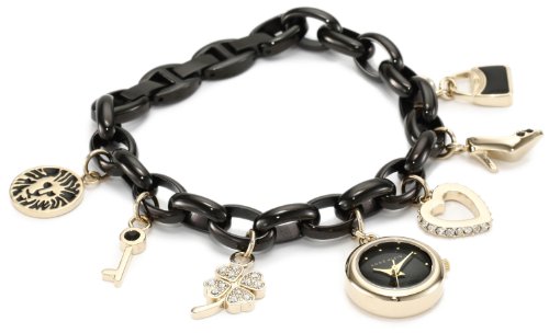 Anne Klein Women's 10/7605BKCH Swarovski Crystal Accented Black Ion-Plated and Gold-Tone Charm Watch