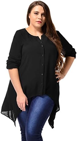 Allegra K Women Long Sleeve Button Down Plus Size Blouse Tunic Shirts Black 3X