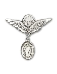 Sterling Silver Baby Badge with St. Justin Charm and Angel with Wings Badge Pin