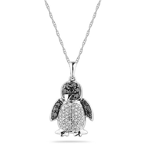 10k White Gold and Black Rhodium Black and White Diamond Penguin Pendant (1/2 cttw)