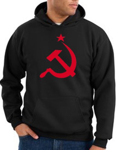 Ussr Adult Hoodie - Red Print Hammer and Sickle Hooded Sweatshirt - Black