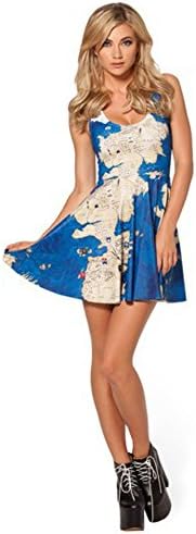 Yobba Women World Map Pattern Print Sexy Slim Sleeveless Vest Pleated Mini Dress