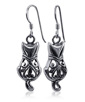 Fantastic .925 Sterling Silver Cat French Ear Wire Hook Dangle Earrings