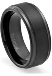 8MM Comfort Fit Titanium Wedding Band | Engagement Ring with Black Plated and Brushed Top finish | Grooved Polished Edges