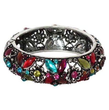 Silver and Multi Colored Crystal Flower Bangle Fashion Bracelet