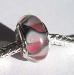Murano Style Glass Lampwork 925 Bead Fits Pink, Black and White Swirl, 14mm (1)