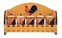 VINTAGE ROOSTER WOODEN SPICE RACK W/ 5 JAR