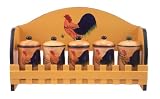 VINTAGE ROOSTER WOODEN SPICE RACK W/ 5 JAR