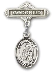 Sterling Silver Baby Badge with St. Angela Merici Charm and Godchild Badge Pin