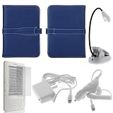 GTMax Blue Leather Case (style 1) + Clear LCD Screen Protector + White LED Clip-On Reading Book Light + White Home Travel Charger + White Rapid Car Charger with IC Chip for Amazon Kindle 3 (3G+WIFI)