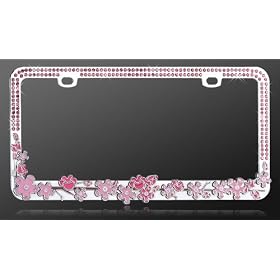 Buy License Plate Frame - Metal Bling - Pink Cherry Blossom Tree - Pink Crystals now!