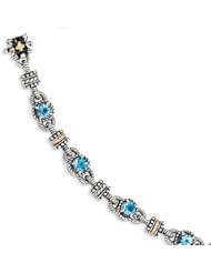 SS 14k Yellow Gold Swiss Blue Topaz 7.5in Vintage Style Bracelet 4.57ct