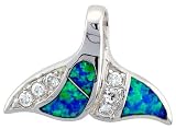 Sterling Silver Whale Tail Pendant, Inlaid with Lab Opal & CZ stones, 1 (25 mm) wide