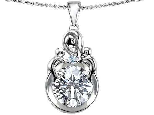 3.65 cttw 14k White Gold Plated Silver Large Loving Mother with Children Pendant with Genuine Round White Topaz