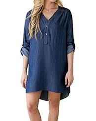 V-neck Long Sleeves Spring High-Low-Hem Short Cotton/Polyester  Shirt Mini Dress 