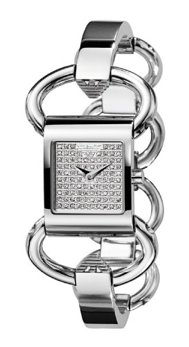 Image of Emporio Armani Ladies Square Case Pave Crystal Dial Stainless Steel Link Bracelet Watch