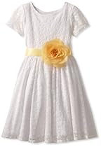 Hot Sale Blue Pearl Girls 7-16 Jackie Dress Stretch Lace with Yellow Satin Belt and Flower, White, 10