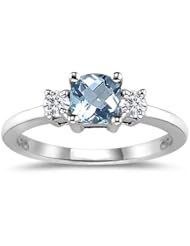 0.10 Cts Diamond & 0.95 Cts Aquamarine Classic Three Stone Ring in 14K White Gold