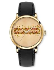 SPRAWL Aanalog Fashion Series Gold Ladies Watches of Genuine Black Leather Strap,Unique Wrist Watch for Women Girls Designed with Autumn leaves