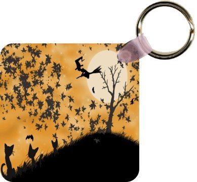 Halloween Witch Silhouette on Orange Art Key Chain - Ideal Gift for all Occassions