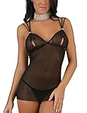 O Sexy Lingerie Women's Cross Back Babydoll Lingerie, Black, Medium