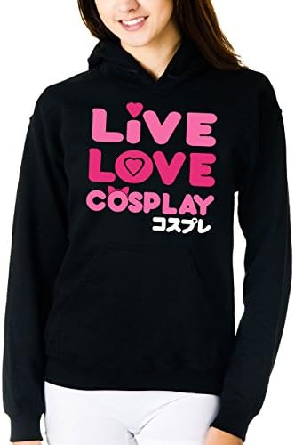 Adult Unisex Cotton 'Live Love Cosplay' Pullover Hoodie Sweatshirt (Large, Black)