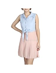 Pleated Elasticized   Waistline Denim Sleeveless  Dress