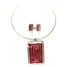 Red, Rectangular Swirl Tribal Choker Necklace Ear Ring
